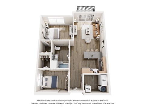 Floor plan for 1 bed, 1 bath, 1082 sqft